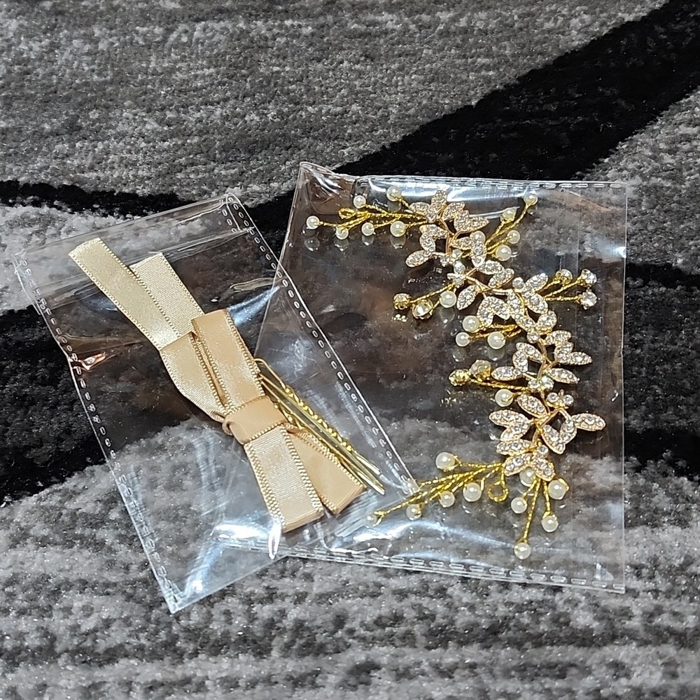 UNSUTUO CRYSTAL PEARL GOLD FLORAL VINE RIBBON PINS HEADPIECE HAIR ACCESSORIES
